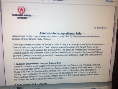 το WikiLeaks δημοσιεύει έγγραφο του τουρκικού «Πατριωτικού Κόμματος» (Patriotic Party) με ημερομηνία 16 Ιουλίου σύμφωνα με το οποίο (το επιχειρούμενο πραξικόπημα ήταν κατασκεύασμα του καθοδηγούμενου από τις ΗΠΑ τρομοκρατικού κινήματος των Γκιουλενιστών».