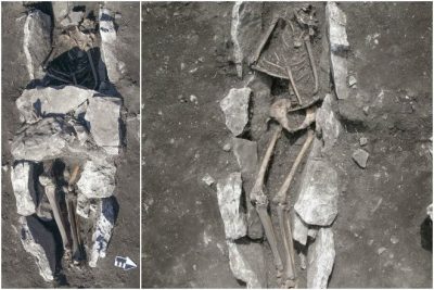 (Αριστερά, η ανθρώπινη ταφή στο μέσο του βωμού τέφρας με τις καλυπτήριες πλάκες στην περιοχή της λεκάνης. Δεξιά, η ταφή μετά από την αφαίρεση των πλακών) 