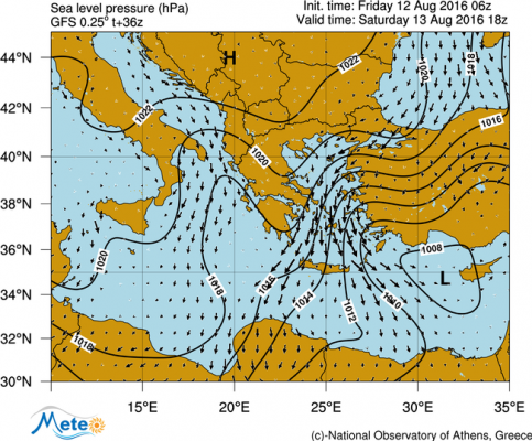 Ο χαρτης με τα φαινόμενα του Σαββάτου 13 Αυγούστου 2016. Πηγή : meteo