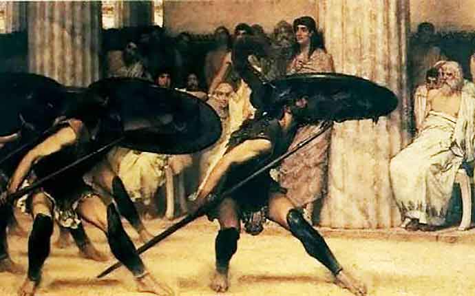 «Πυρρίχιος χορός», όπως τον φαντάστηκε ο Σερ Λώρενς Άλμα-Ταντέμα, Guildhall Art Gallery, Λονδίνο (1869).