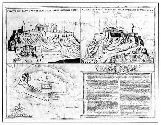 Δύο απόψεις του βομβαρδισμού και κάτοψη του Κάστρου της Ακροπόλεως (χαλκογραφία)