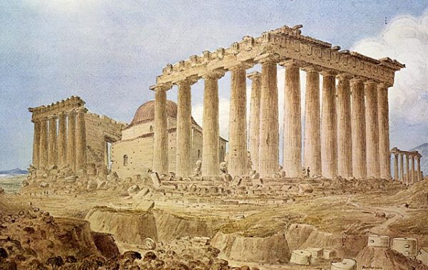 Μετά την ανατίναξη του Παρθενώνα από τα πυρά των Βενετών, ένα νέο τζαμί οικοδομήθηκε στο εσωτερικό του ερειπίου τον 18ο αιώνα, το οποίο απεικονίζεται εδώ σε πίνακα του J. Skene (1838)