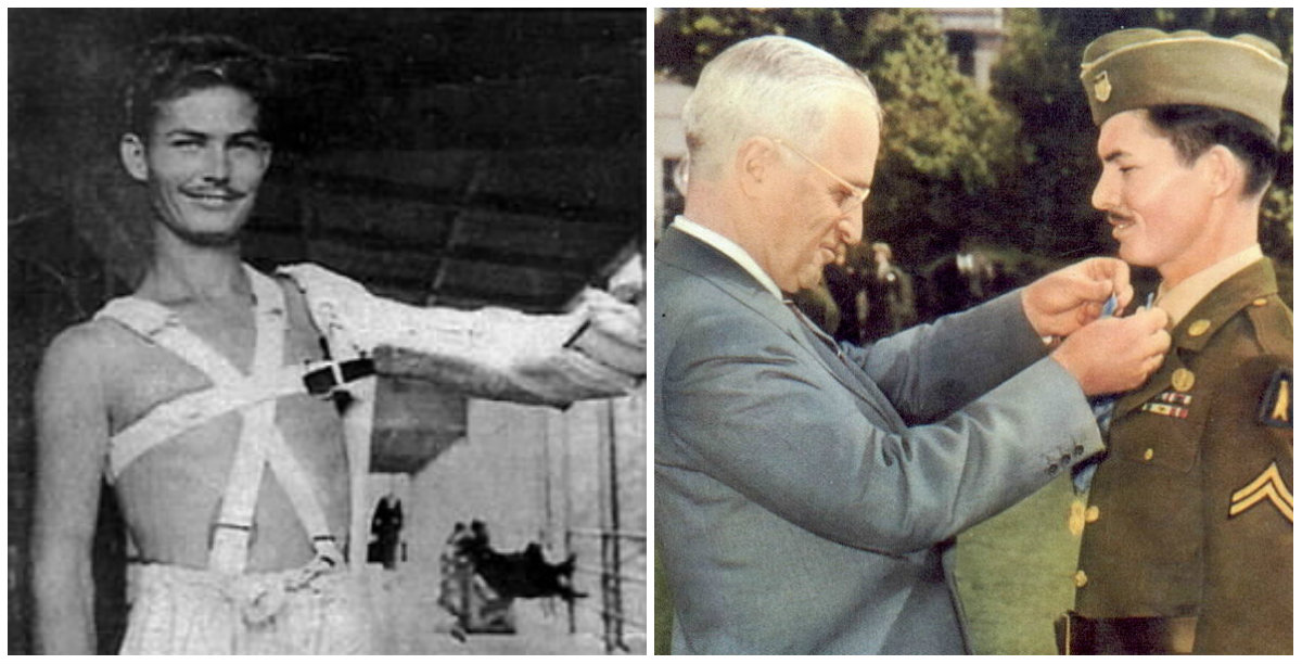 Αριστερά ο Ντος μετά τον πόλεμος, δεξιά ο Τρούμαν τον παρασημοφορεί με το Μετάλλιο τιμής
