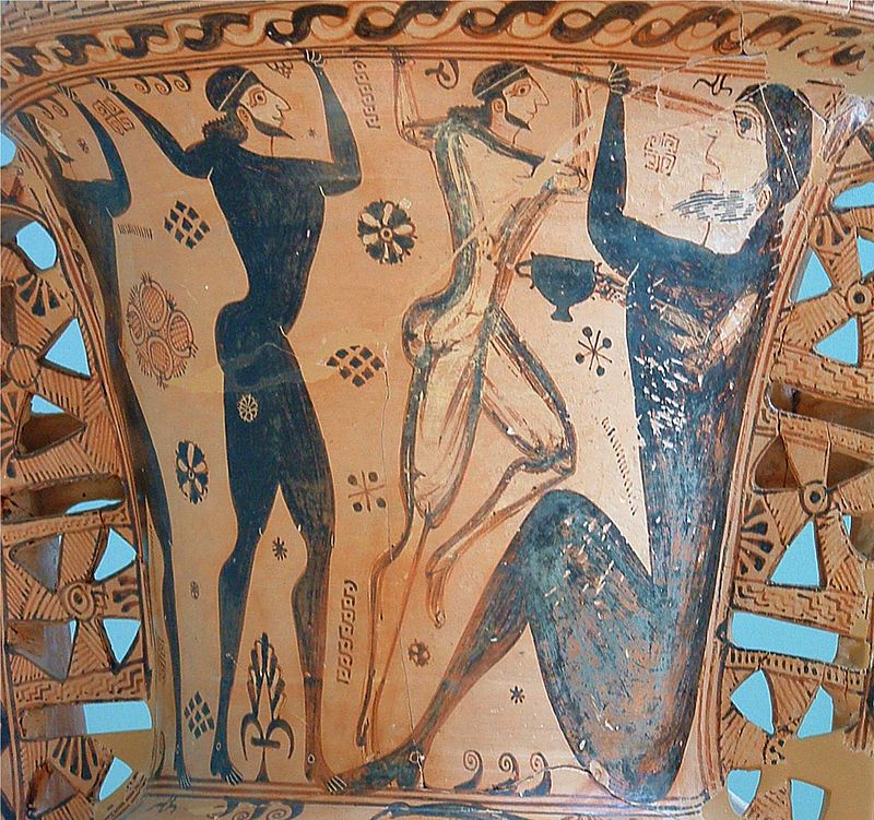 Ο Οδυσσέας και οι άνδρες του τυφλώνουν τον Πολύφημο (λεπτομέρεια πρωτοαττικού αμφορέως, περ. 650 π.Χ., Μουσείο Ελευσίνας)