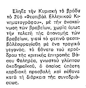 Για τον ξαφνικό θάνατο του Βάσου Φαληρέα έγραφαν την επόμενη ημέρα όλες οι εφημερίδες, χωρίς όμως να κάνουν λόγο και για το παρασκήνιο της συνεδρίασης 