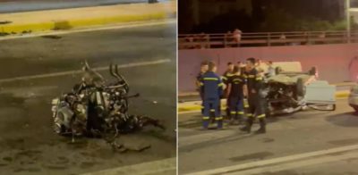 Σφοδρή σύγκρουση τριών οχημάτων στη Βούλα αργά τη νύχτα. Ο κινητήρας του ενός ΙΧ εκσφενδονίστηκε στο οδόστρωμα